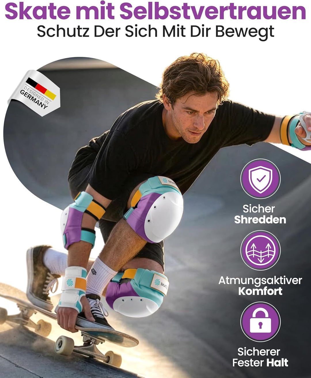 SKATEWIZ Inliner Schoner Erwachsene &amp; Jugendliche mit Neopren-Sleeves - Protektoren Inliner Erwachse