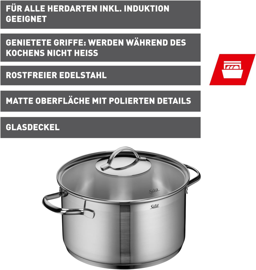 Silit Achat Kochtopf gross 24cm, Glasdeckel, Fleischtopf Induktion 5,6l, Edelstahl teilmattiert, unb