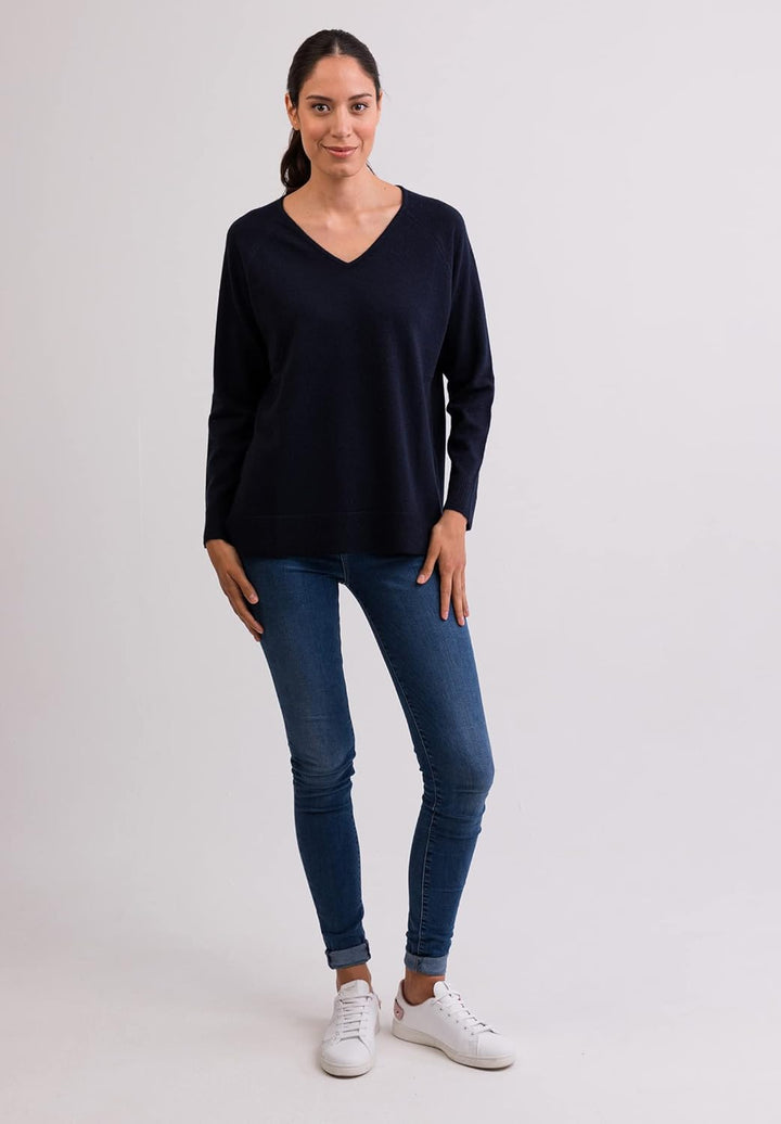 100% Kaschmir Damen Pullover mit geradem Schnitt und Seitenschlitz | Sweater V-Ausschnitt 2-fädig S