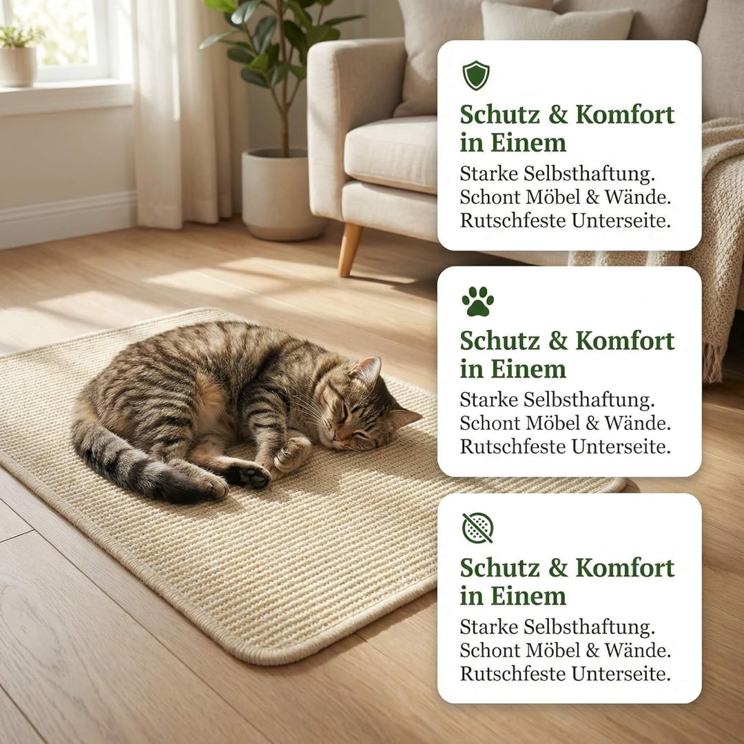 Sisal Kratzmatte für Katzen zur Wandmontage, 60x40cm Kratzmatte selbstklebend mit Klettband, Katzen