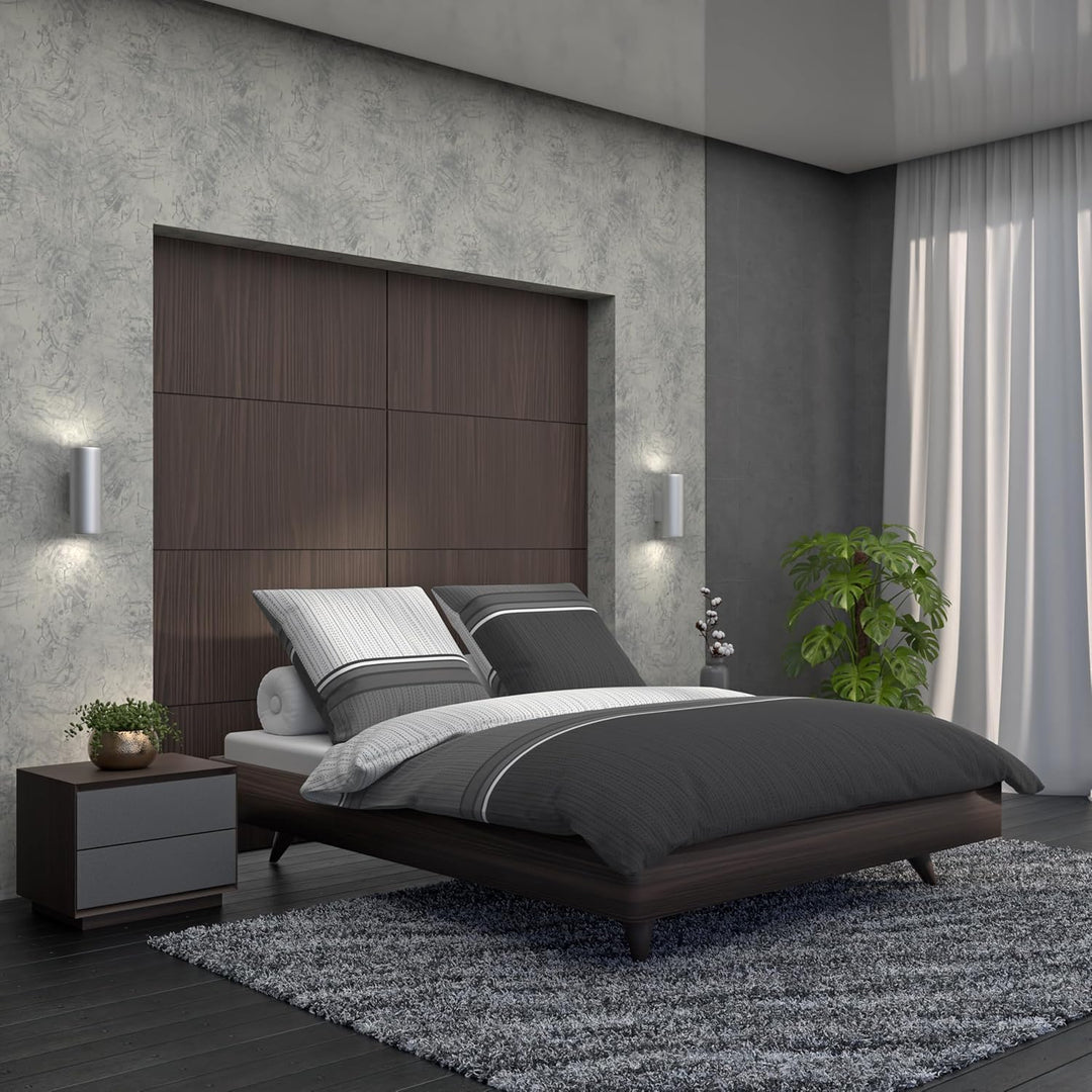 LARAWELL Bettwäsche 135x200 Baumwolle Ganzjahres Bettwäsche-Sets grau schwarz gestreift Premium Grau