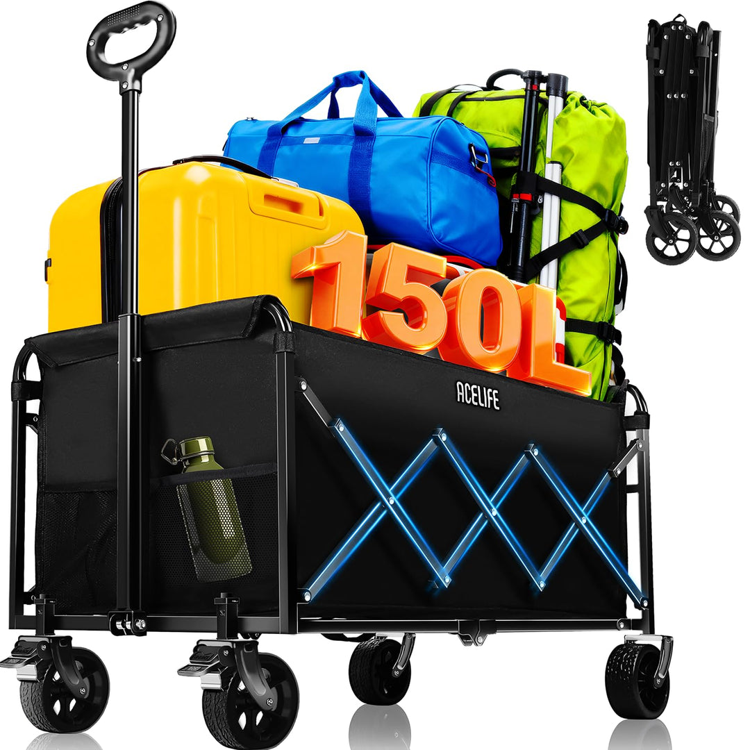 Bollerwagen Faltbar, Handwagen faltbar 150L Tragkraft 150KG mit verstellbarem Griff, Offroad-Rädern