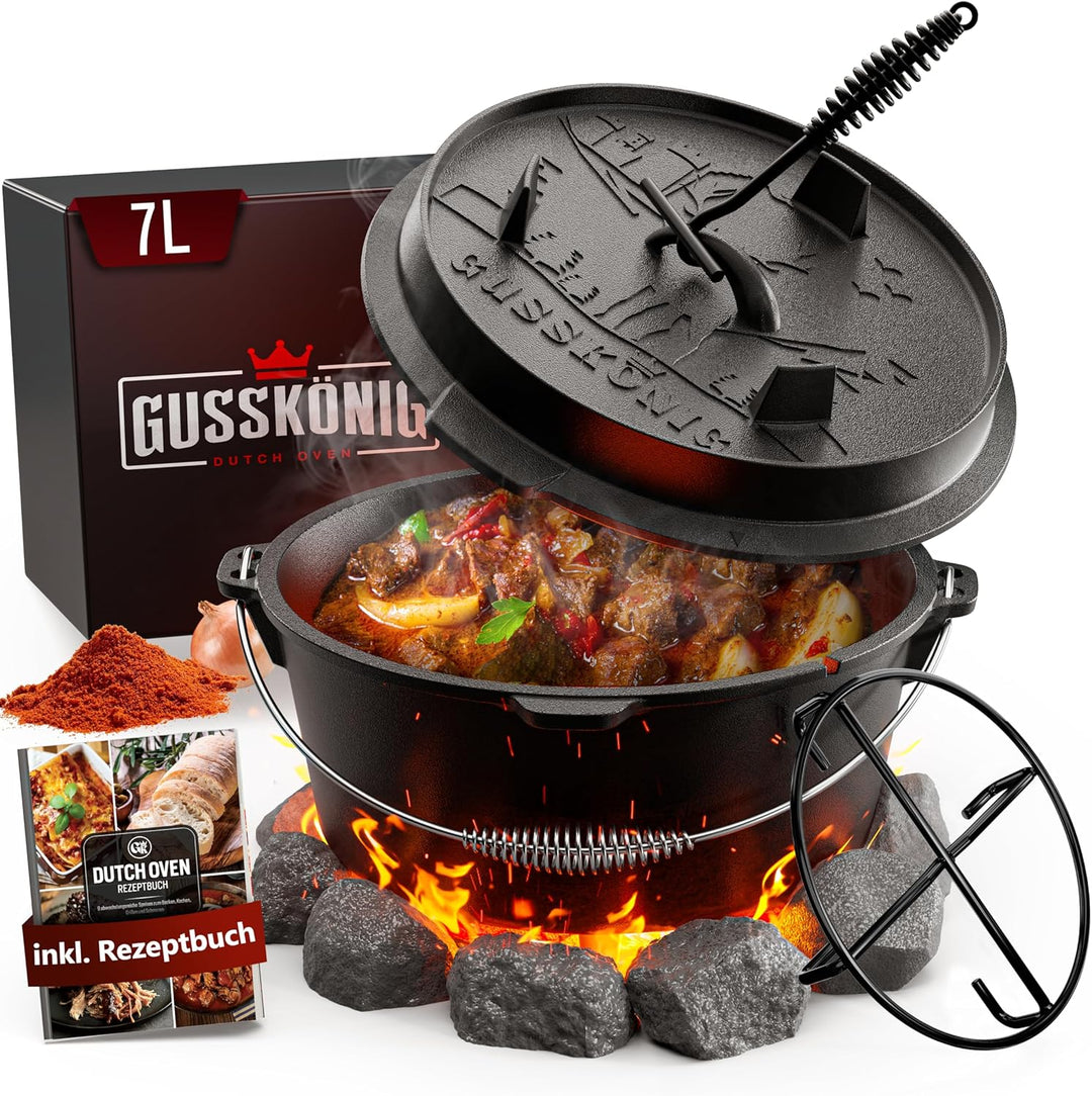 GUSSKÖNIG Dutch Oven Set [7L ] - Eingebrannter Feuertopf mit praktischem Deckelheber und Edelstahl U