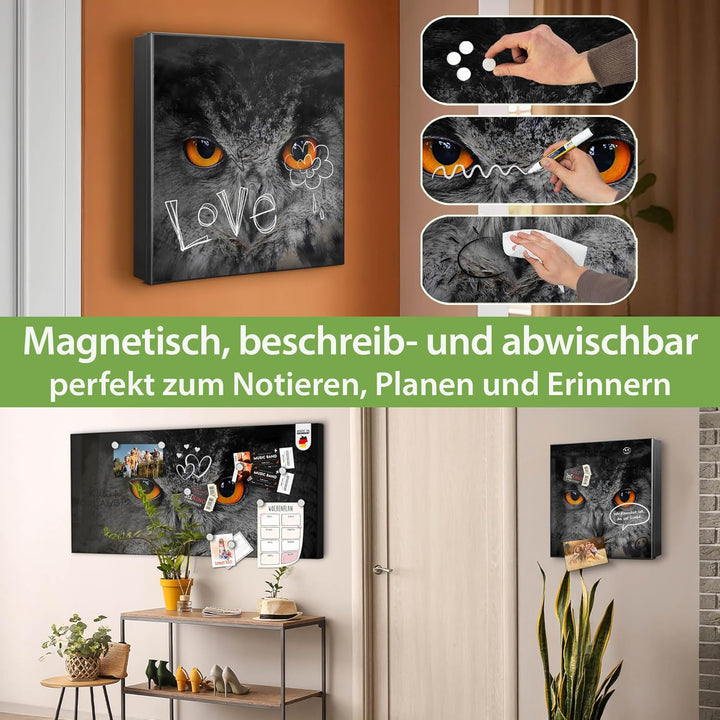 banjado® Grosser Schlüsselkasten Glas/Schlüsselbox 30cm x 30cm mit 50 Haken - Motiv Uhu/Schlüsselkas