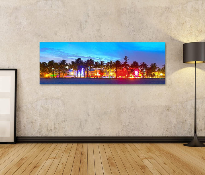 islandburner Bild auf Leinwand Miami Beach Florida Ocean Drive Palmen Bunte Lichter Bilder Wandbilde