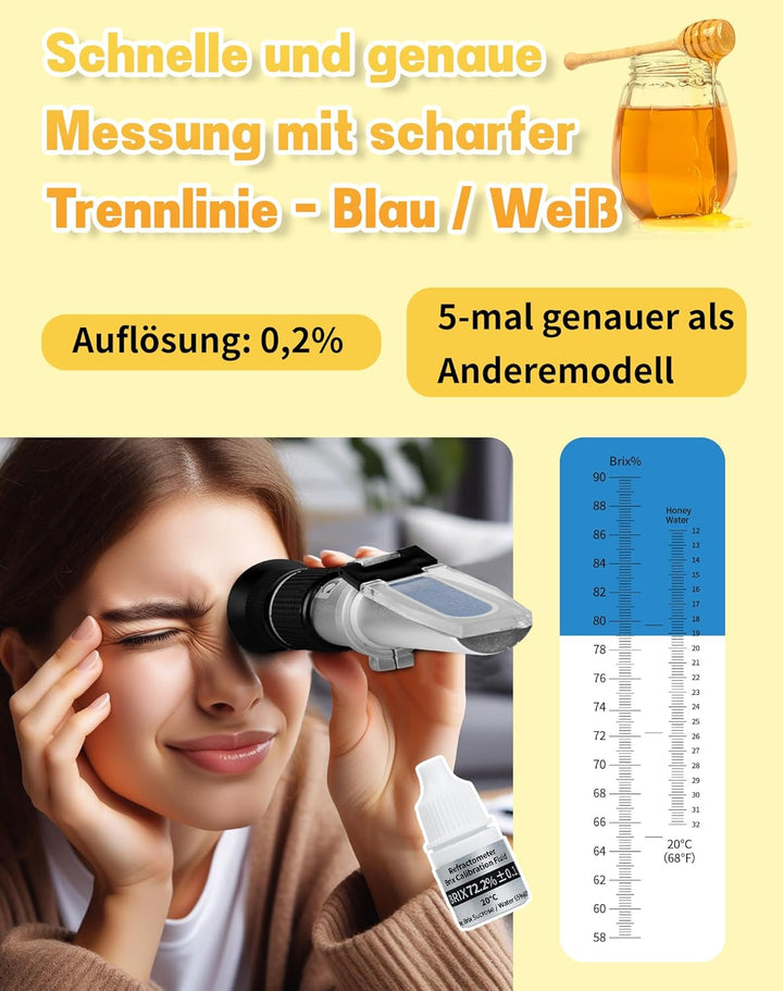 LAOYE Refraktometer Honig 2 in 1 Imker Refraktometer 12-32% Wassergehalt Honig 58-90% Brix Refraktom