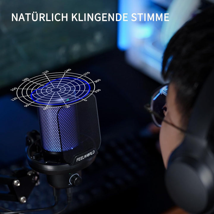 FEELWORLD VM1 USB-Gaming-Mikrofon mit Kragarmständer für Podcast-Aufnahmen, Computerspiele, Studio-M