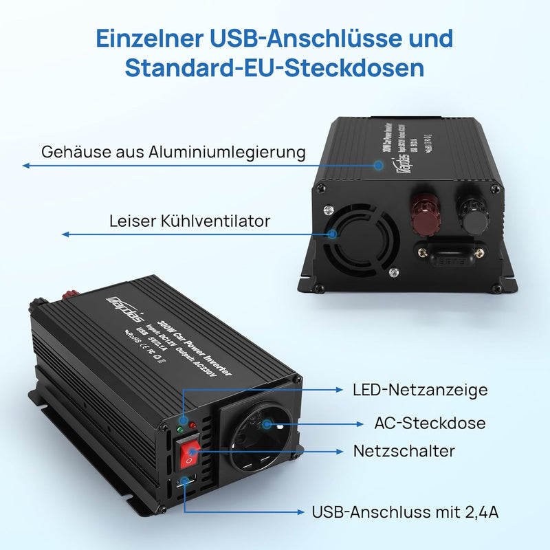 Bapdas 300W Wechselrichter DC 12 V auf AC 230 V Spannungswandler，USB-Anschlüssen (2,4A) für Auto, Wo