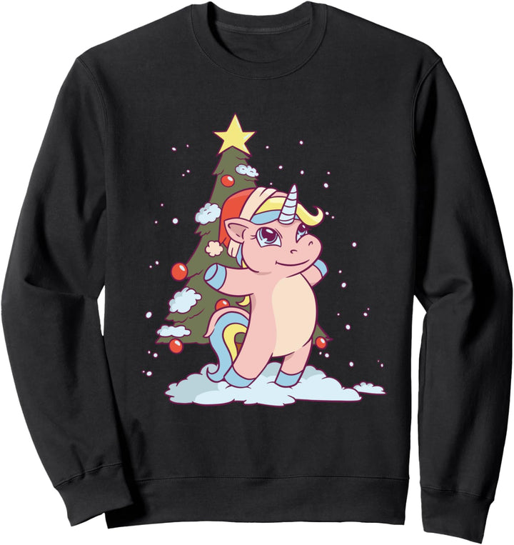 Einhorn Weihnachtsmann mit Weihnachtsbaum und Schnee Grafik Sweatshirt