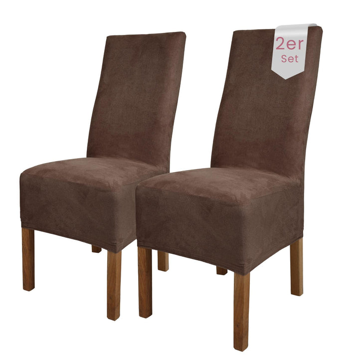 SCHEFFLER-Home Stuhlhussen 2er Set Leon Braun/elastische Wildleder Hussen für Stühle/Robustes Freisc