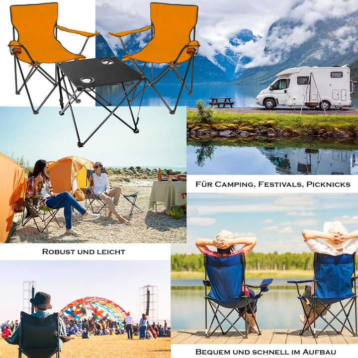 BigDean 2 Stück Campingstuhl mit Campingtisch faltbar – Faltstuhl in Neon Orange mit Getränkehalter