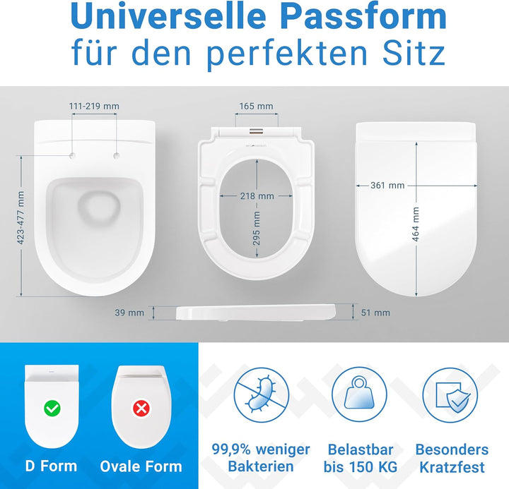 LOBENSWERK WC Sitz D Form [LANG] einfache Montage | Toilettendeckel mit Absenkautomatik | WC-Sitz D-