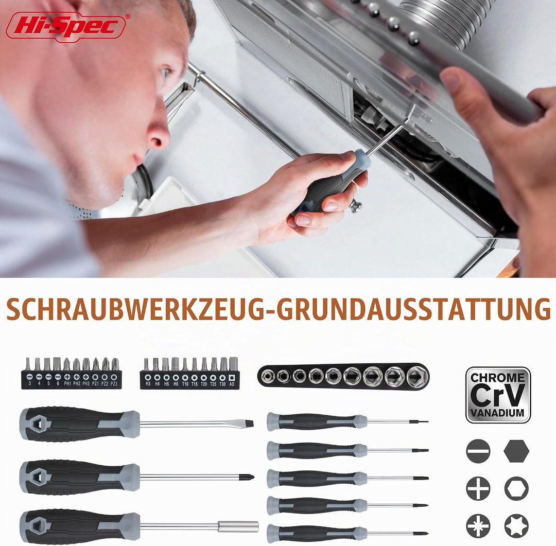 Hi-Spec 54-TLG. Werkzeugkasten-Set in Grau, gefüllt mit Werkzeugen für Haushalt und Garage. Werkzeug