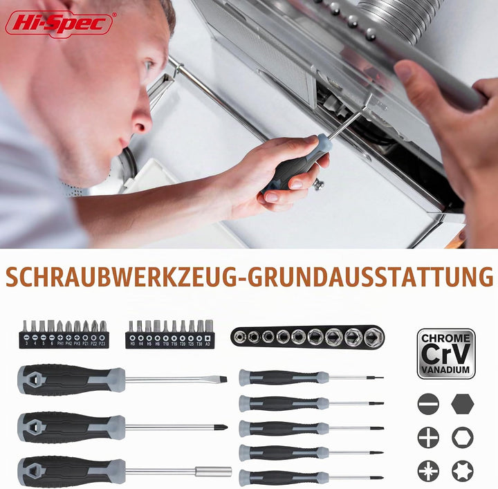Hi-Spec 54-TLG. Werkzeugkasten-Set in Grau, gefüllt mit Werkzeugen für Haushalt und Garage. Werkzeug