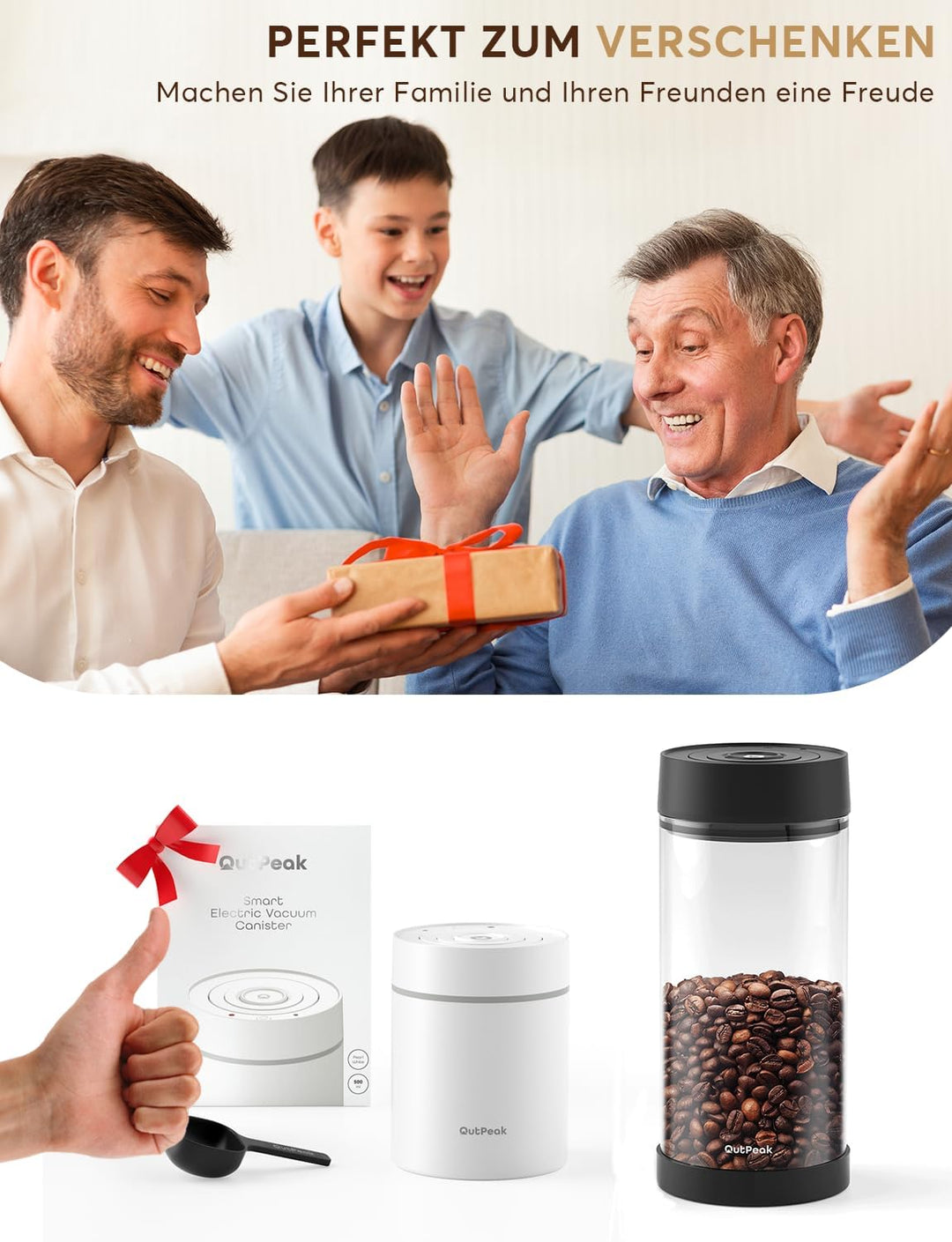 OUTPEAK Neo 2025 Auto Vacuum Coffee Canister, 0.5L for 130.4 g Coffee Beans, One Button Operation, S
