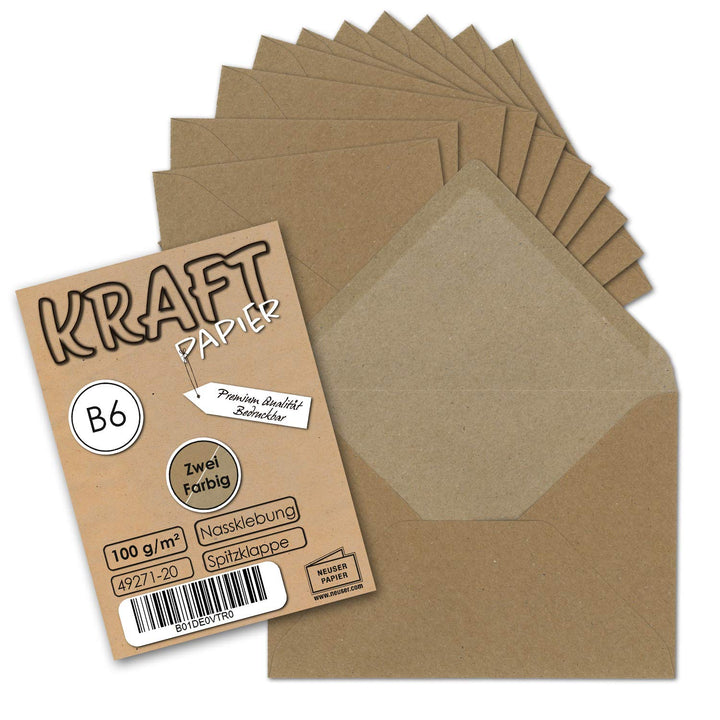 700x Vintage-Umschläge DIN B6 125 x 176 mm Kraftpapier 100 g/m² braun Recycling Brief-Umschläge Nass