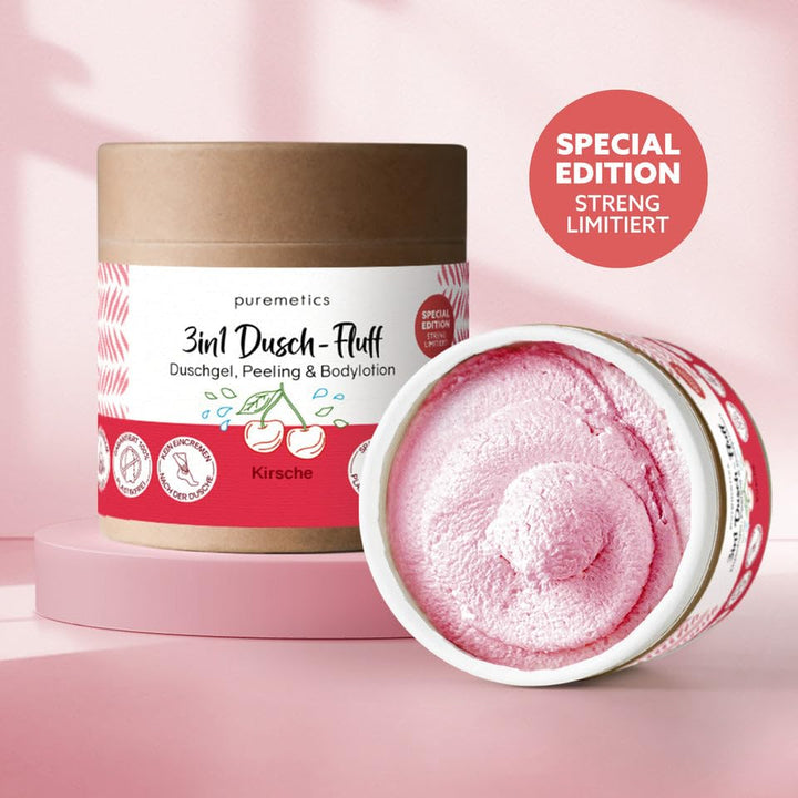 puremetics 3in1 Dusch-Fluff Kirsche, Duschgel, Peeling &amp; Bodylotion, 250 g Limited Edition