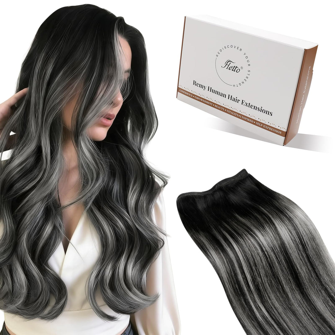 Hetto Tressen Echthaar, Balayage Naturschwarz mit Silber, 35cm, 80g | 100% Remy Haar, Stylbar, knote