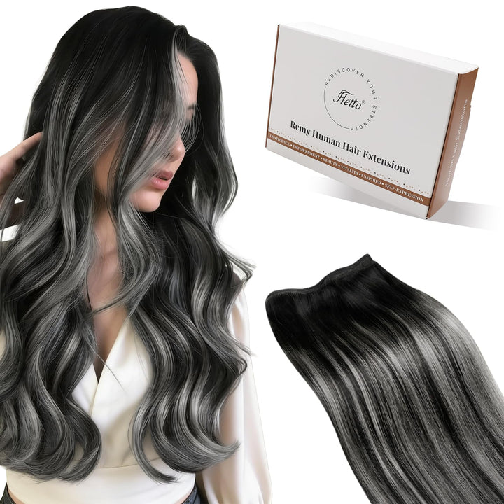 Hetto Tressen Echthaar, Balayage Naturschwarz mit Silber, 35cm, 80g | 100% Remy Haar, Stylbar, knote