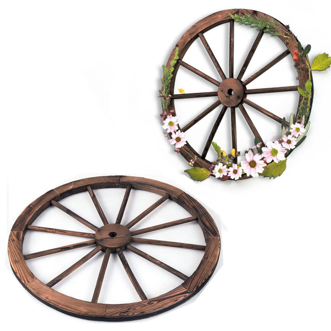 GIANTEX Wagenrad Holzrad 2er Set, Dekorad Holz Wagen Deko Rad Braun, Dekoratives Wagen Rad mit Eisen