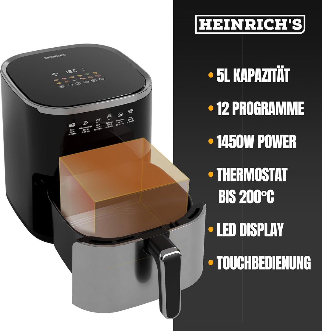HEINRICHS Heissluftfritteuse, 5 Liter XL Air Fryer, 12in1 Heissluftfritteuse, LED-Display mit Sensor