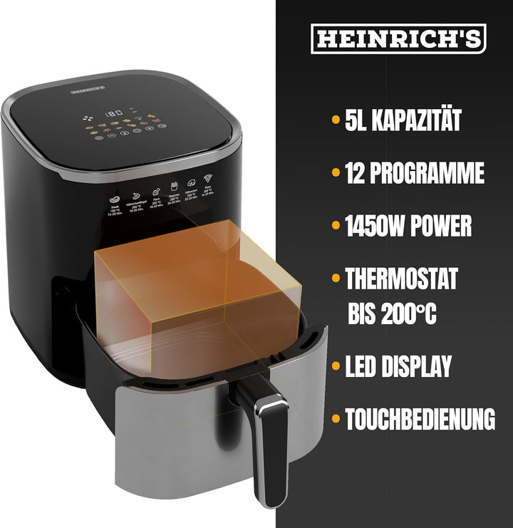 HEINRICHS Heissluftfritteuse, 5 Liter XL Air Fryer, 12in1 Heissluftfritteuse, LED-Display mit Sensor