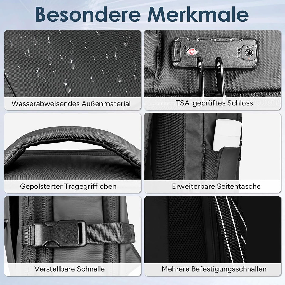 travel inspira Vakuum Rucksack mit TSA-Schloss 65L Rucksack 17.3 Zoll Laptopfach Flugzeug Handgepäck