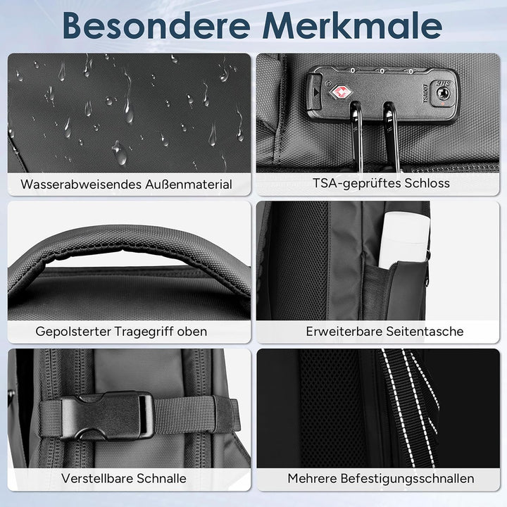 travel inspira Vakuum Rucksack mit TSA-Schloss 65L Rucksack 17.3 Zoll Laptopfach Flugzeug Handgepäck