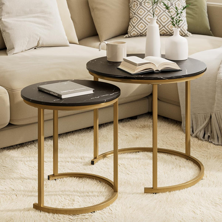 Couchtisch Rund 2er Set, Wohnzimmertisch, Beistelltische Gold Metall, Kaffeetisch für Sofatisch, Woh