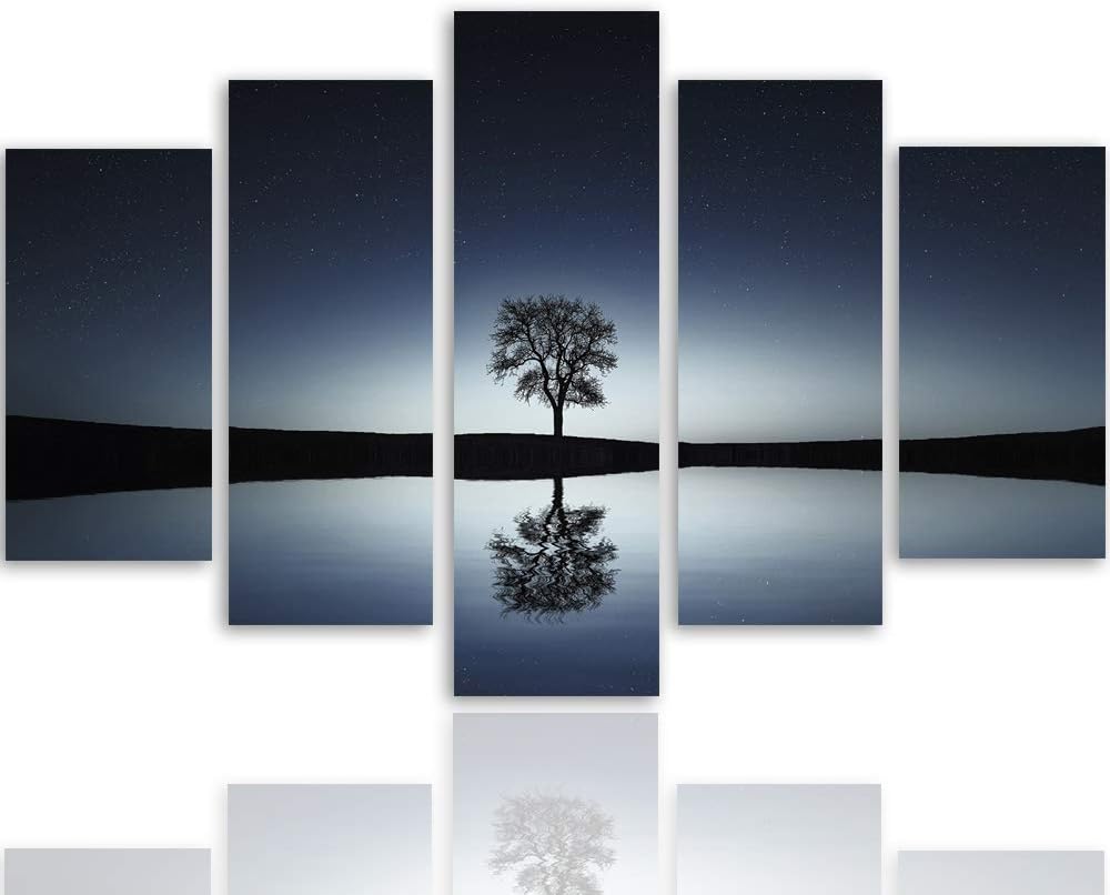 Feeby Bilder Abstrakt 100x70 cm - Leinwandbild - 5 Teilig - Kunstdruck Baum Wasser blau Leinwandbild