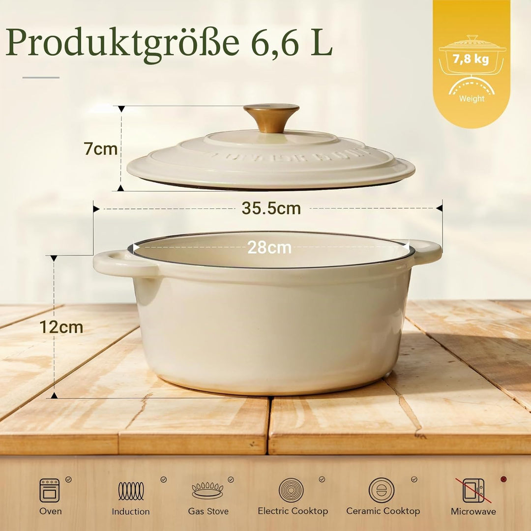 Overmont Bräter emaille Gusseisen Topf - Schmortopf 28cm backofengeeignet - mit Deckel und Kochbuch
