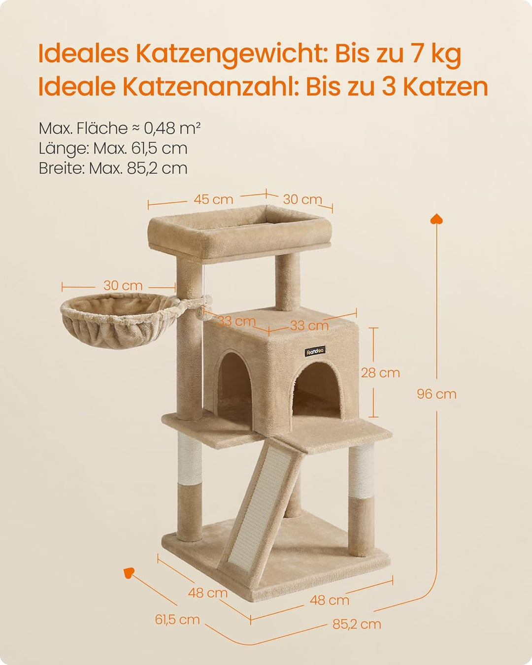 Feandrea Kratzbaum, 96 cm hoch, Katzenbaum mit grosser Plattform, Katzenkratzbaum mit Katzenhöhle, H