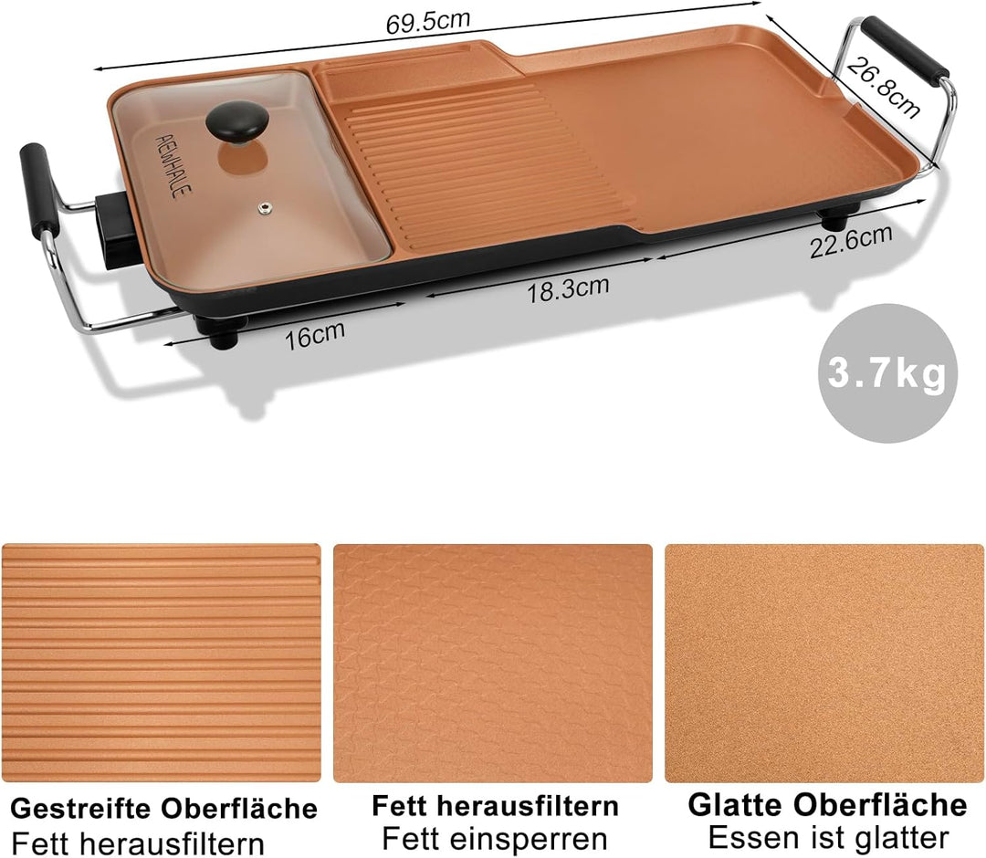 AEWHALE 3-in-1 Grillplatte Elektrisch, 2000 W, Tischgrill Elektrisch für Drinnen und Draussen mit An
