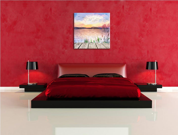 Pixxprint Sonnenuntergang am See Natur Wiese, Format: 70x70 auf Leinwand, 70x70