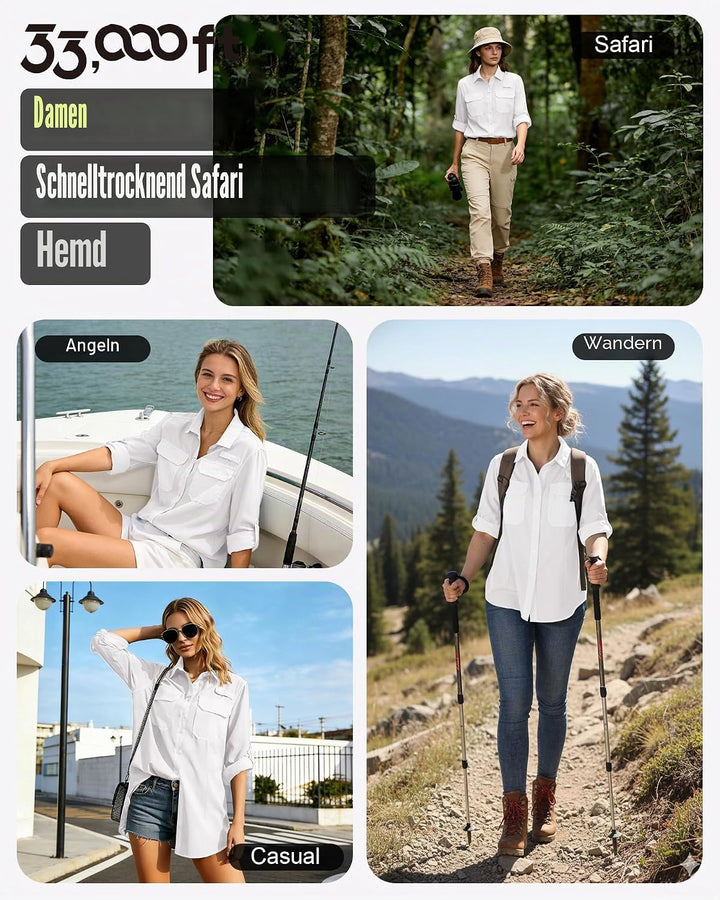 33,000ft Hemdbluse Damen UPF50 UV Schutz Hemd Schnelltrocknende Button-Down Shirts Atmungsaktive Wan