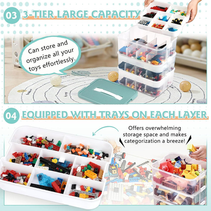 Aufbewahrungsboxen mit Deckel für Lego, 3 Ebenen Transparente Sortierbox, Plastik Stapelbar Box mit