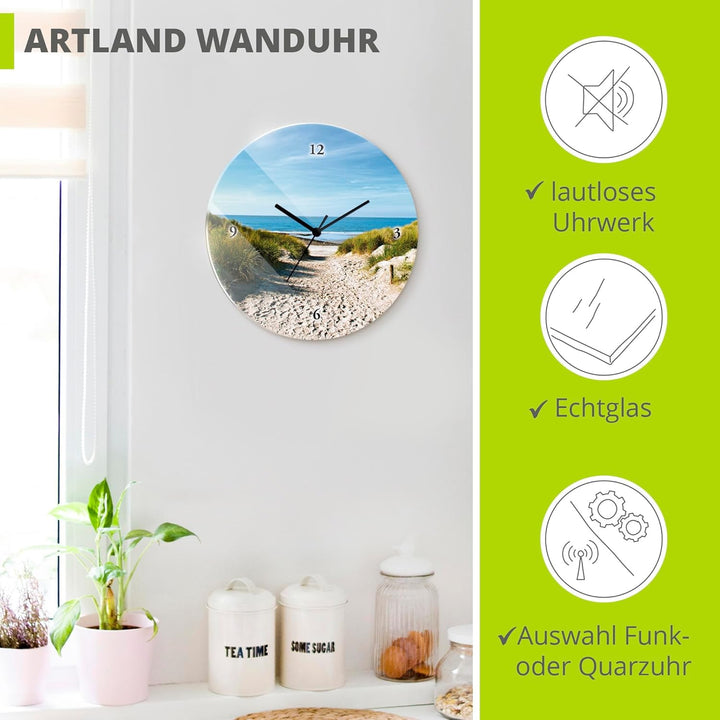 ARTLAND Wanduhr ohne Tickgeräusche Glas Funkuhr Ø 30 cm Rund Lautlos Strand Sanddünen Weg zur See St