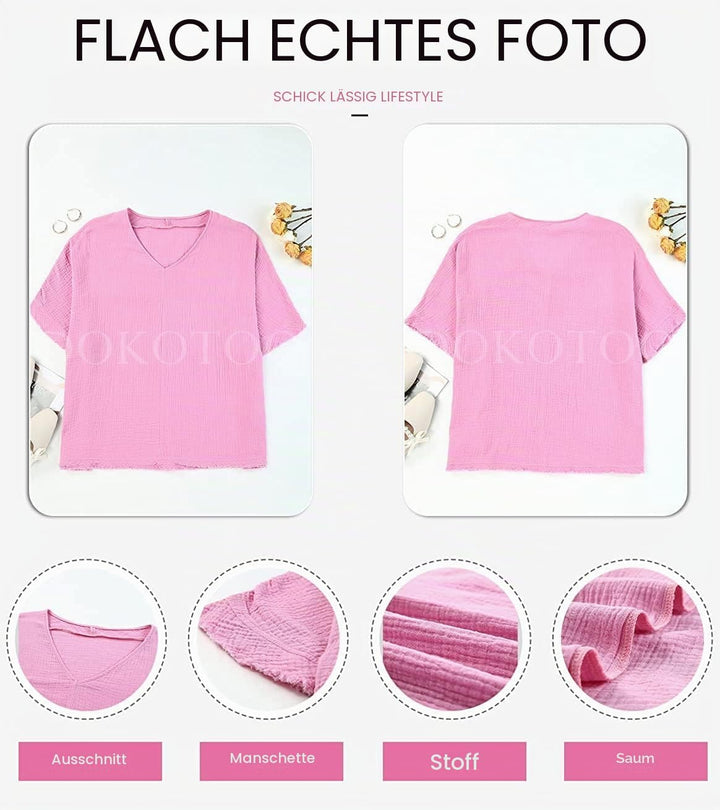Dokotoo Damen Bluse V-Ausschnitt Musselin Tunika Shirt Oberteil Sommer Kurzarm Locker Longshirt Tops