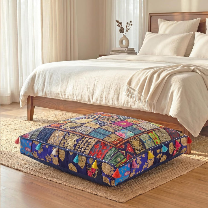 THE ART BOX 88 x 88 x 12 cm, Vintage-Patchwork, grosses Outdoor-Kissen, grosses Hundebett, Gartendek