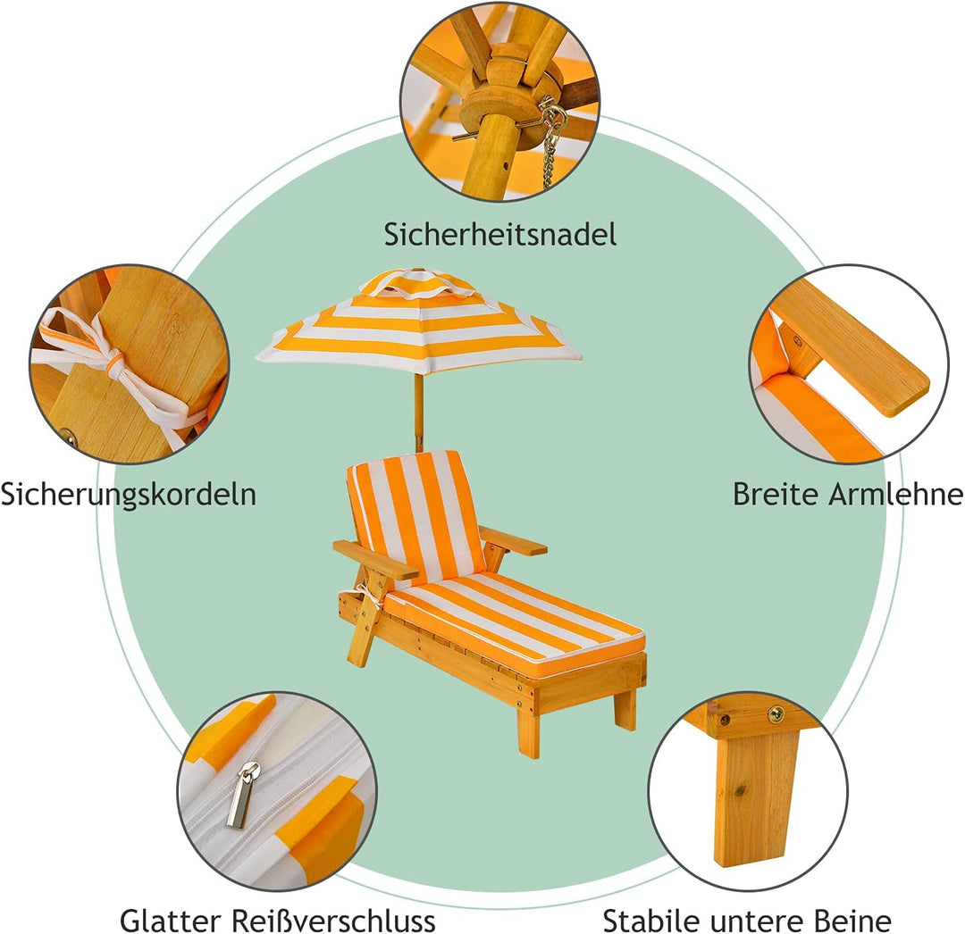 COSTWAY Kinder Sonnenliege mit Sonnenschirm und Auflage, Gartenliege aus Holz, Kinderliege, Holzlieg