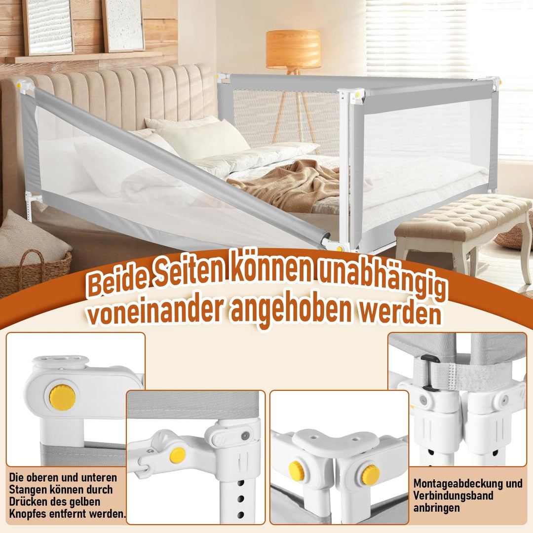 Ansobea 200cm Bettgitter｜Kinderbettschutz mit U-förmige Füsse｜Kinderbettgitter Faltbar｜Bettschutzgit