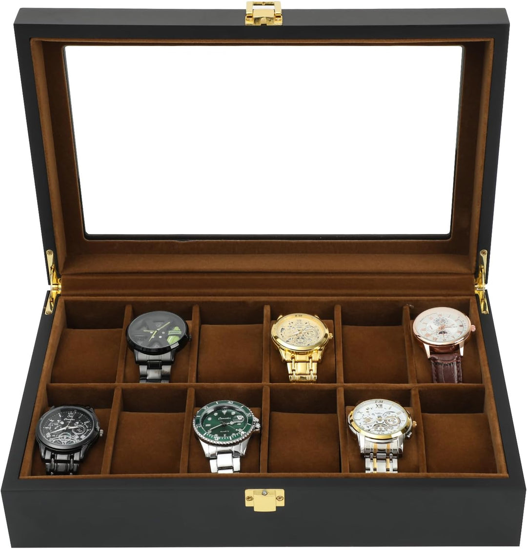 R.SHENGTE Uhrenbox,12 Slots Holzuhr Organizer Box mit Glasdeckel,Schmuck Aufbewahrungsbox für Männer