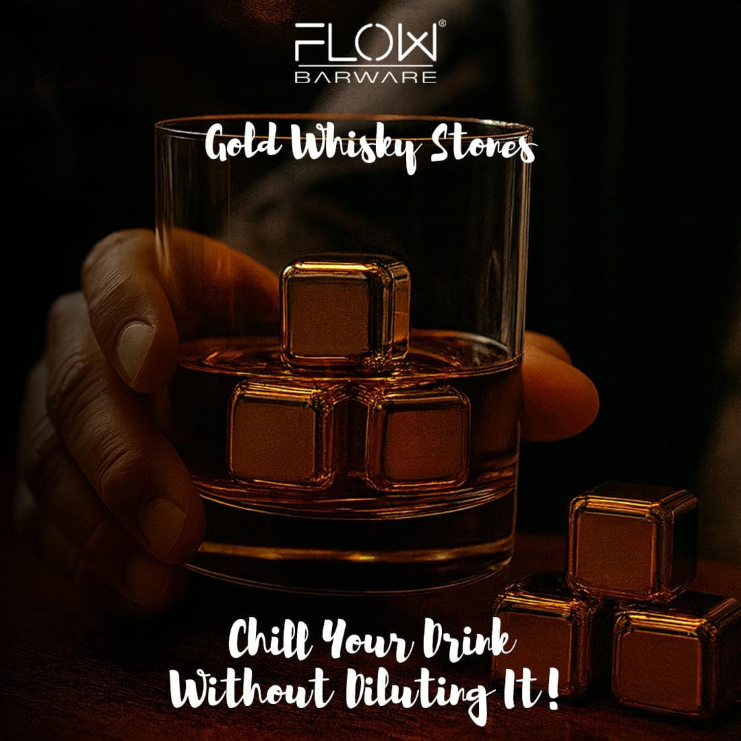 FLOW Barware Gold Whisky-Steine, Geschenk-Set mit Eiszange und Aufbewahrungstasche, Wiederverwendbar