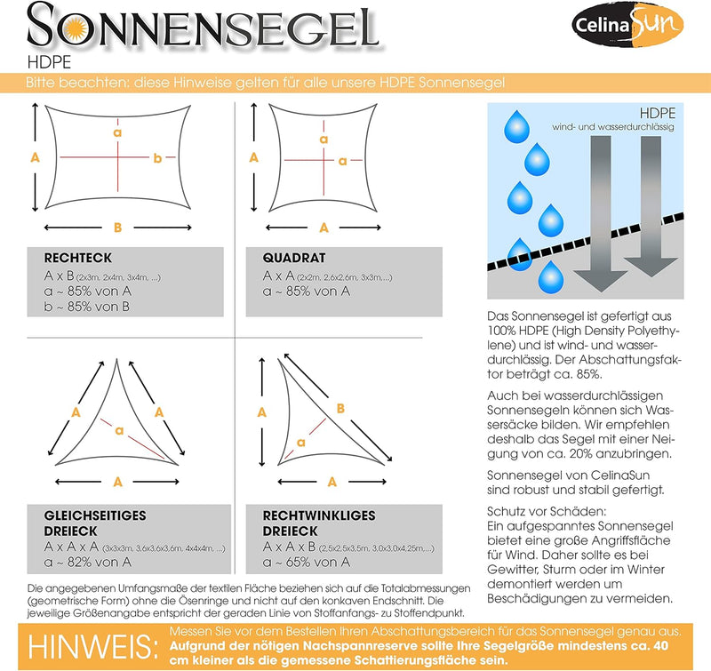 CelinaSun Sonnensegel inkl Befestigungsseile Premium HDPE wetterbeständig atmungsaktiv Rechteck 3 x