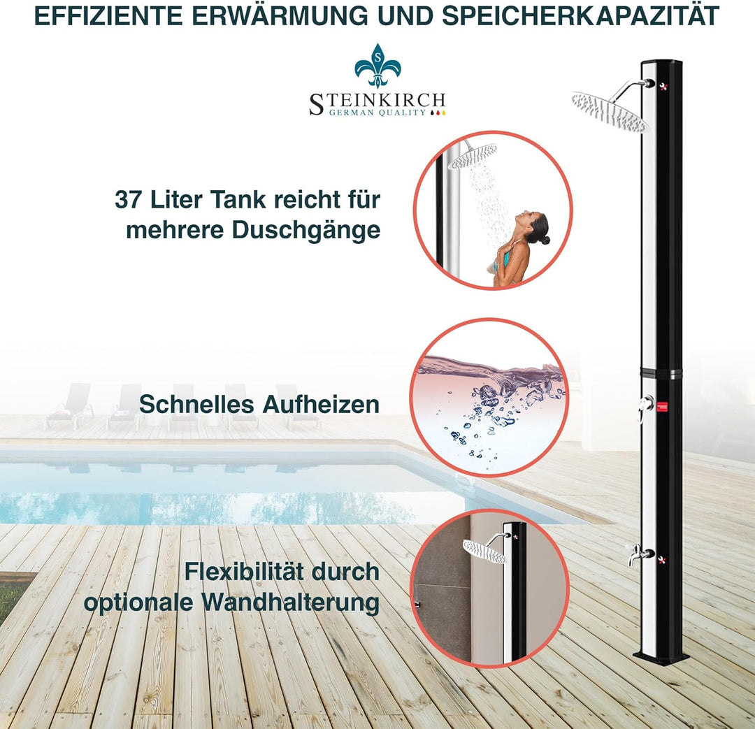 Steinkirch Solar Gartendusche 35L mit Edelstahl Duschkopf Ø 400 mm Pooldusche Campingdusche Aussendu