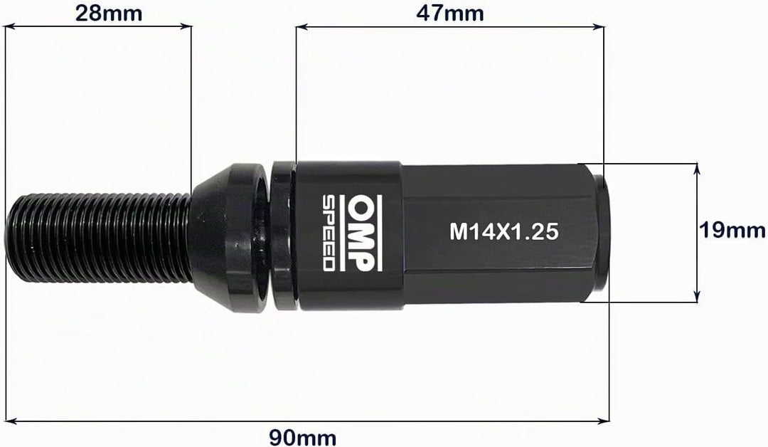 Omp SPEED Set 20 Radschrauben schwarz mit metrischer M14X1.25 Schlüssel 17-19 lang Gewinde 28 mm mit