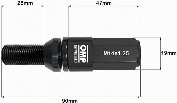 Omp SPEED Set 20 Radschrauben schwarz mit metrischer M14X1.25 Schlüssel 17-19 lang Gewinde 28 mm mit