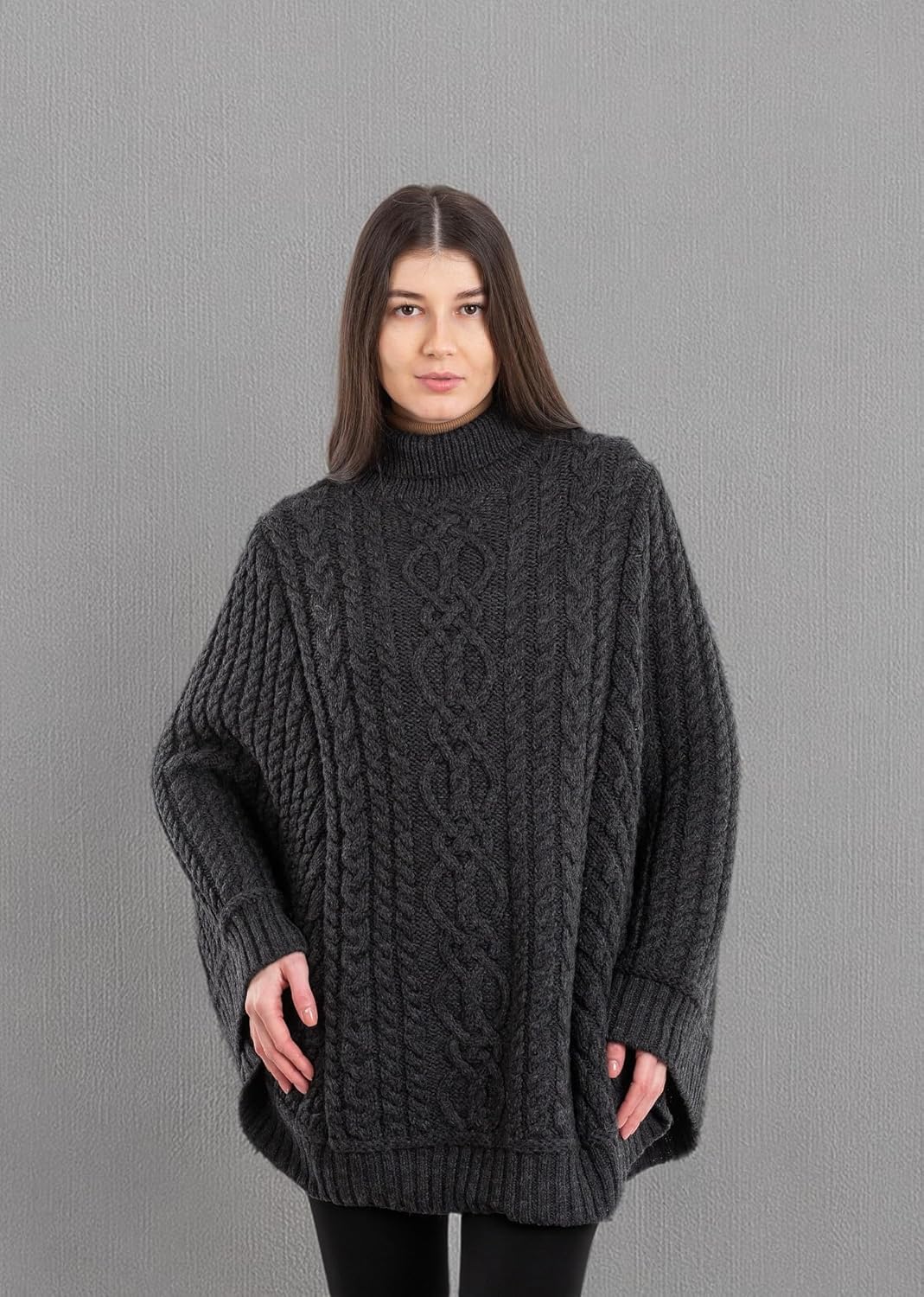 SAOL Zopfmuster Damen Irischer Aran Poncho aus 100% Merinowolle Strickjacke L-XL Dunkelgrau, L-XL Du