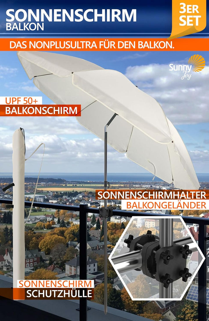 4smile Sonnenschirm Balkon SunnyJoy im 3er-Set - UPF 50+ Balkon Schirm 180 cm + Sonnenschirmhalter B