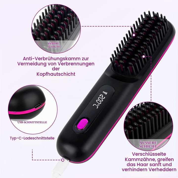 Glättbürste Kabellos, Haarglätter Bürste, Mini Glätteisen Tragbare Glättungsbürste Wiederaufladbare